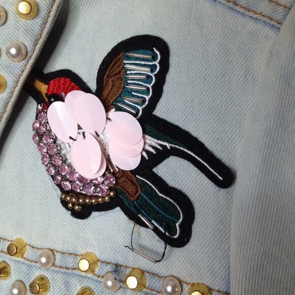 Belle Vere Gold Stud Embroidered Blue Denim Jacket Size Small - Picture 4 of 8